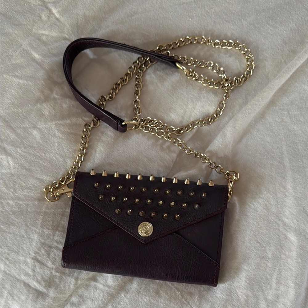 Rebecca Minkoff Dark Plum Envelope Crossbody with Gold Studs & Chain